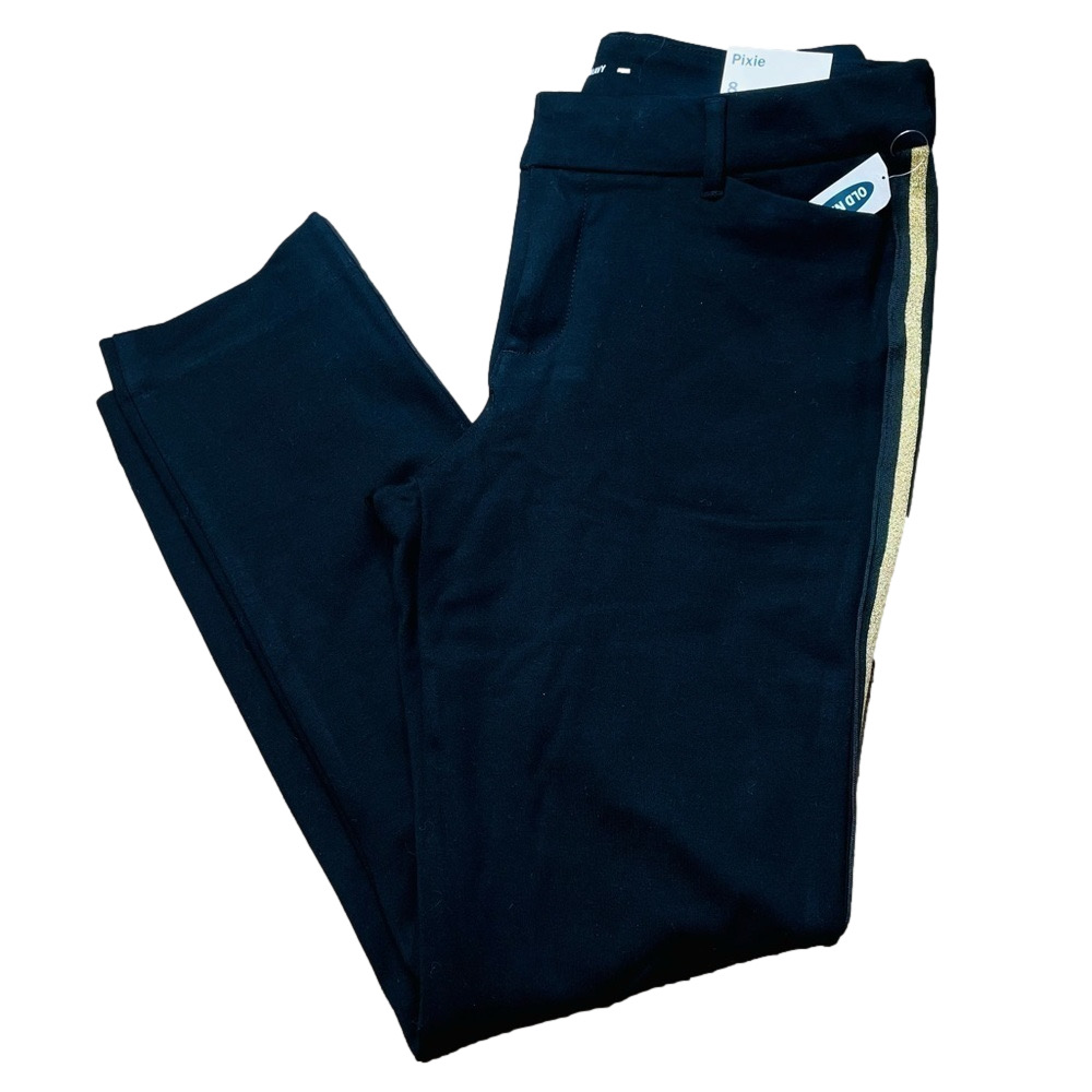 OLD Navy NWT Pixie Pants in Black with Gold Stripe Work Trousers Ankle Length
